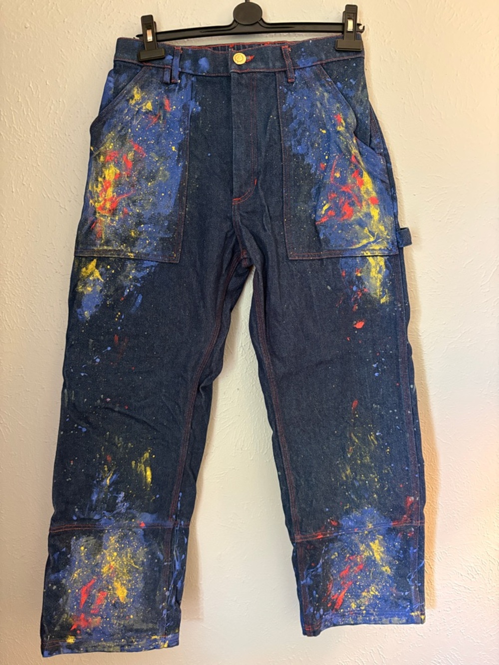 Big Bud Press Hand Painted Dark Blue Jeans with Red & Yellow Splatter